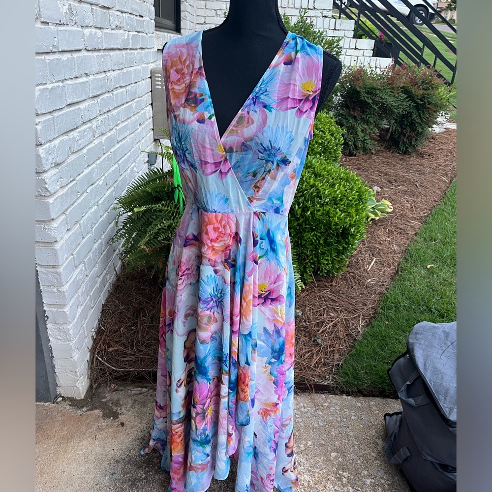 Calvin Klein Blue and Pink Sleeveless V-Neck Midi Dress